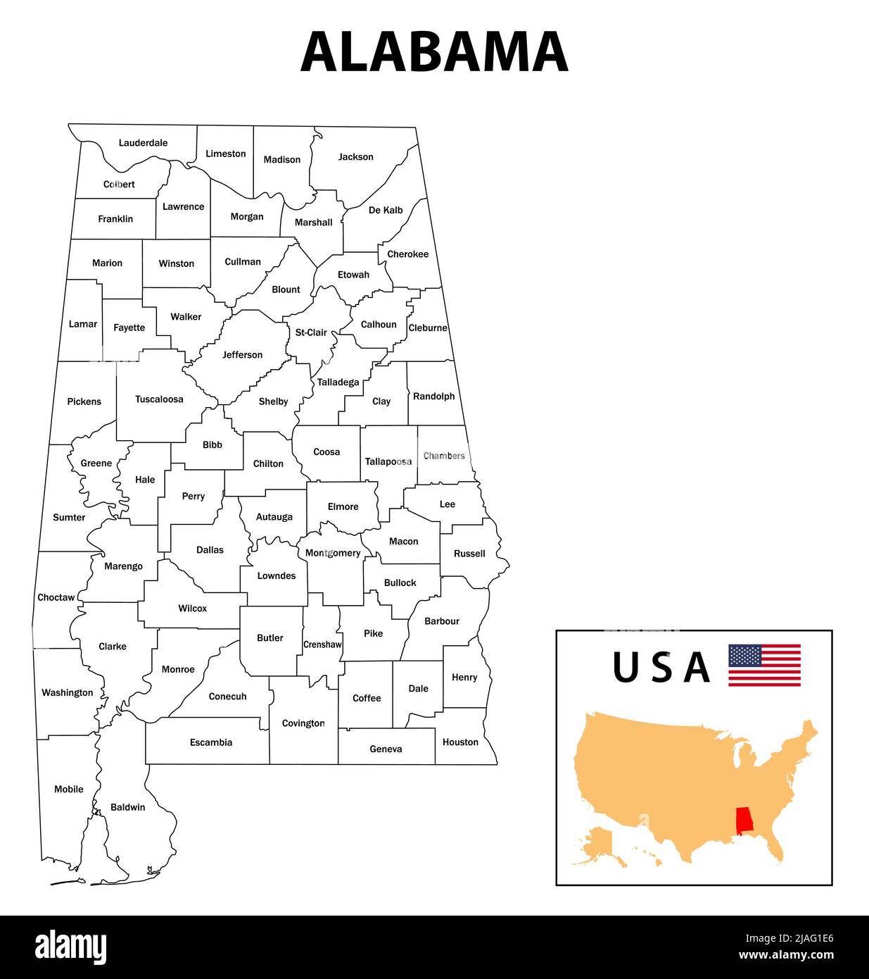 Mappa di Alabama. Mappa dello stato e del distretto dell'Alabama. Mappa amministrativa e politica dell'Alabama con distretto e capitale di colore bianco. Illustrazione Vettoriale