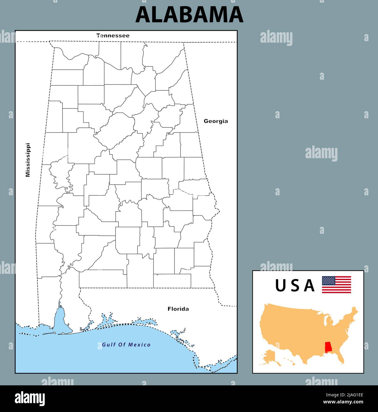 Mappa politica dell'Alabama con boudari in contorno. Illustrazione Vettoriale
