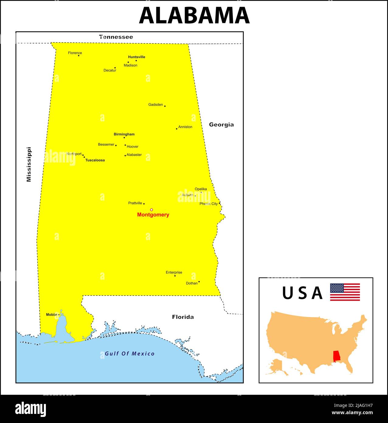 Mappa di Alabama. Mappa dello stato e del distretto dell'Alabama. Mappa amministrativa e politica dell'Alabama con il distretto principale Illustrazione Vettoriale