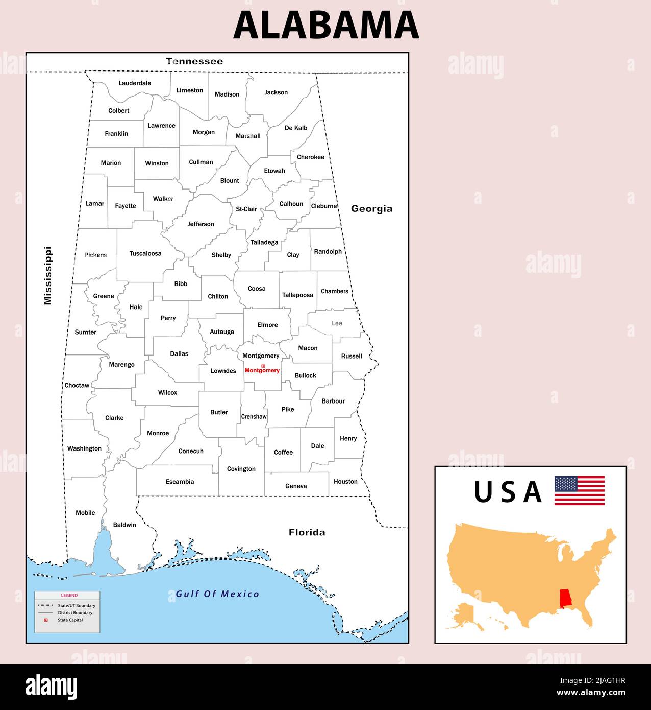 Mappa di Alabama. Mappa dello stato e del distretto dell'Alabama. Mappa amministrativa e politica dell'Alabama con paesi vicini e confine di colore bianco. Illustrazione Vettoriale