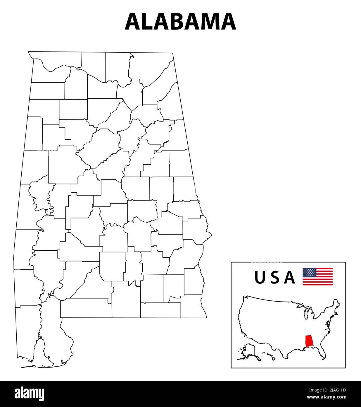 Mappa di Alabama. Mappa dello stato e del distretto dell'Alabama. Mappa amministrativa e politica dell'Alabama con contorno e disegno in bianco e nero. Illustrazione Vettoriale