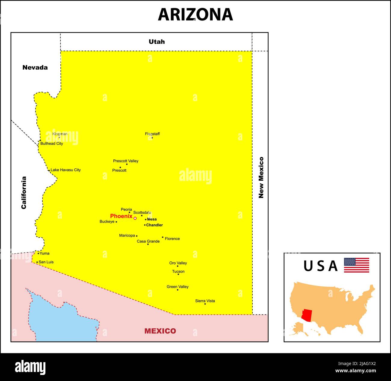 Mappa dell'Arizona. Mappa dello stato e del distretto dell'Arizona. Mappa amministrativa e politica dell'Arizona con il distretto principale Illustrazione Vettoriale