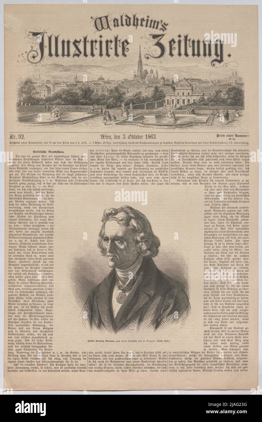 Jakob Ludwig Grim (Aus 'Waldheim ́s lutrirte zeitung'). L. Geisbe, Xylographer, dopo: Carl Joseph Begas (Begasse) (1828-1883), artista Foto Stock