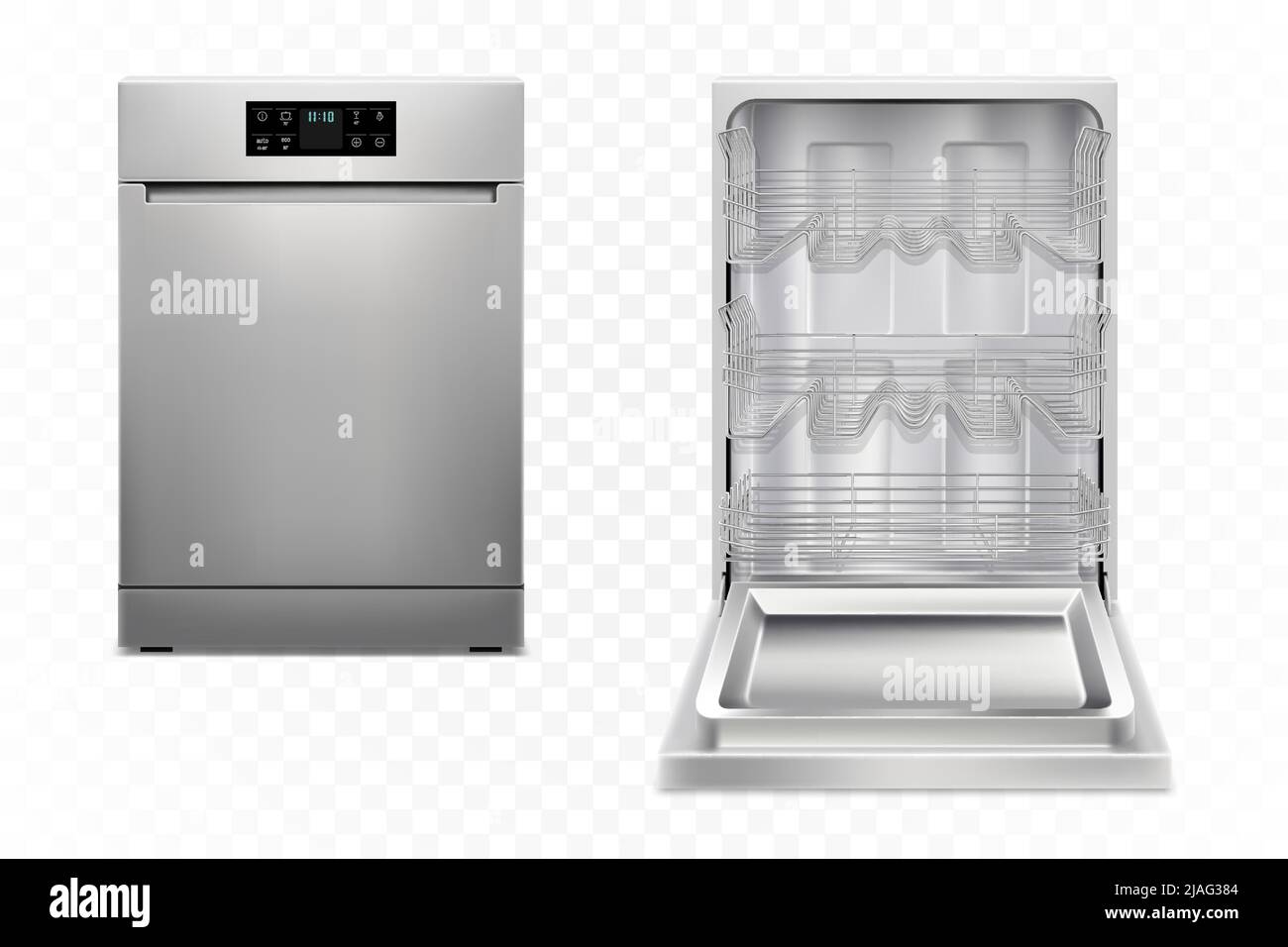 Lavastoviglie con porta aperta, chiusa, isolata su sfondo bianco. Concetto di elettrodomestici intelligenti. Vista frontale. Display digitale. Colore argento. REA Illustrazione Vettoriale