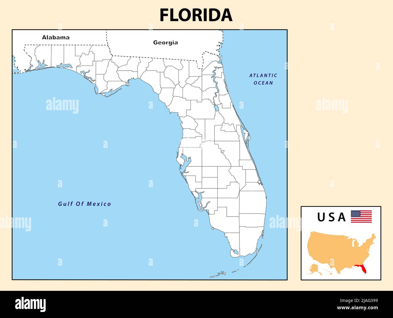 Mappa della Florida. Mappa politica della Florida in contorni. Mappa del distretto con gli Stati Uniti. Illustrazione Vettoriale