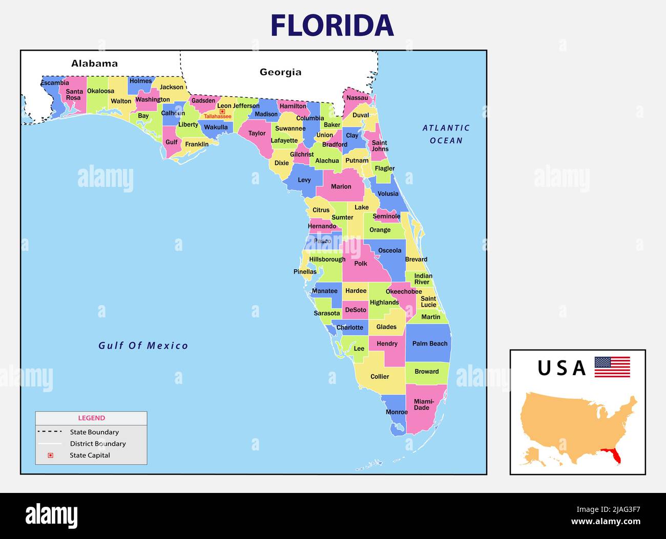 Mappa della Florida. Mappa politica della Florida negli Stati Uniti. Mappa del distretto con gli Stati Uniti. Illustrazione Vettoriale