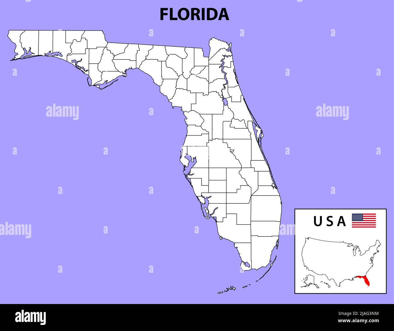 Mappa della Florida. Mappa del distretto di florida in contorni. Mappa del distretto con gli Stati Uniti. Illustrazione Vettoriale