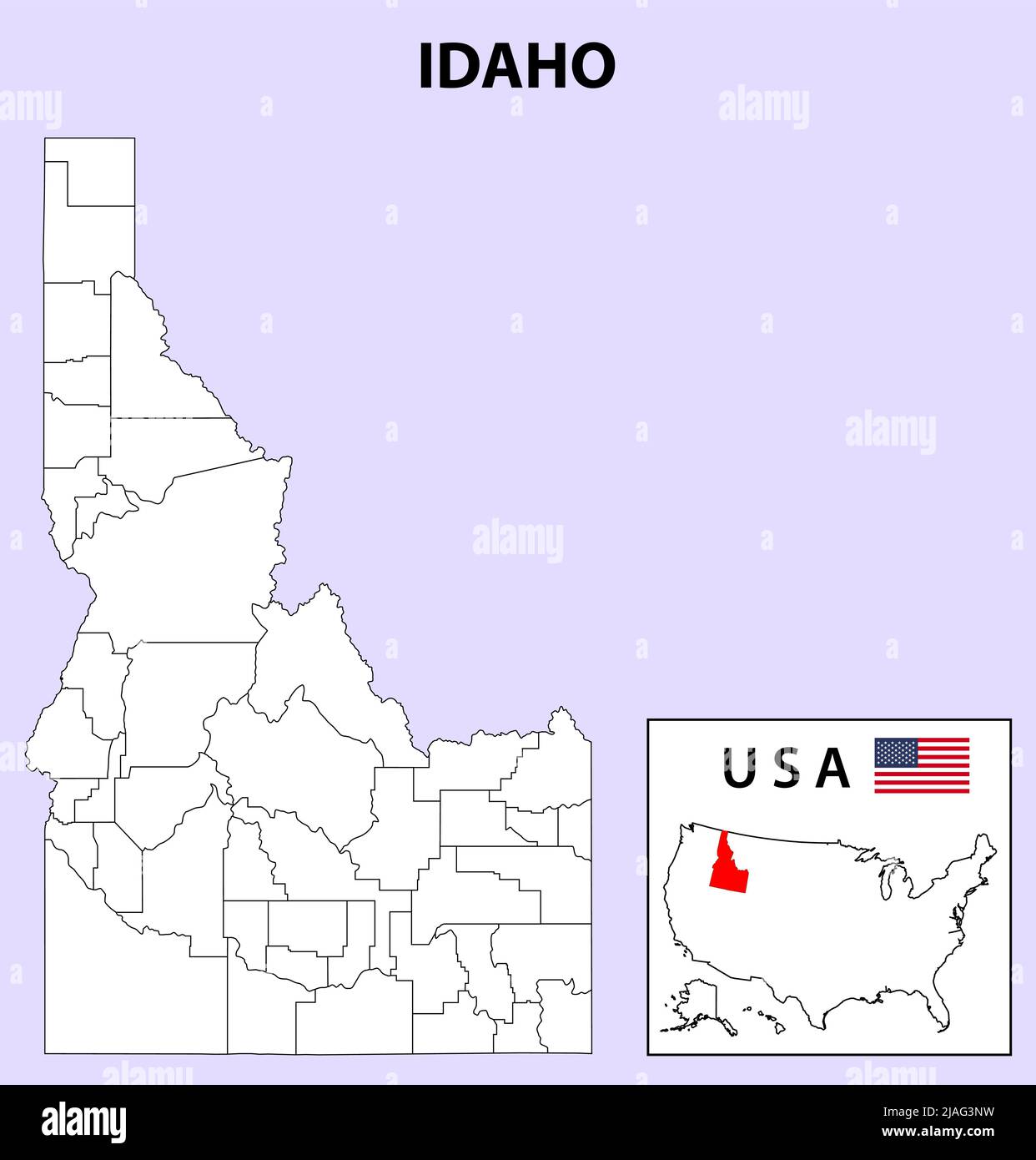 Mappa Idaho. Mappa dello stato e del distretto dell'Idaho. Mappa amministrativa e politica dell'Idaho con contorno e disegno in bianco e nero. Illustrazione Vettoriale