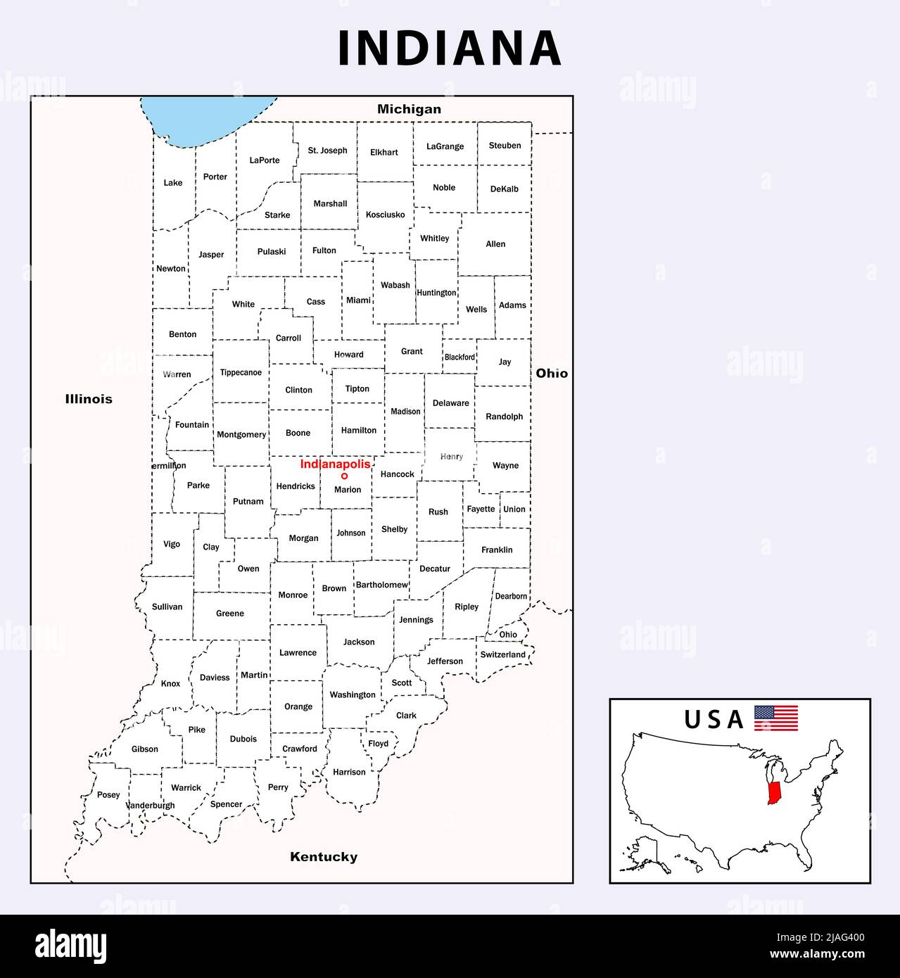 Mappa dell'Indiana. Mappa politica dell'Alabama con confini di colore bianco. Illustrazione Vettoriale