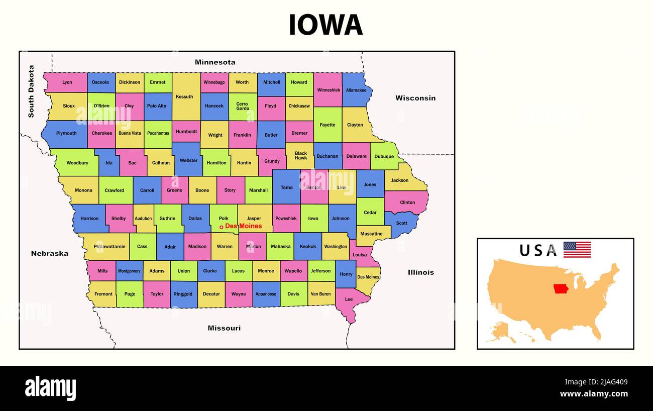 Mappa dell'Iowa. Mappa dello stato e del distretto dell'Iowa. Mappa politica dell'Iowa con paesi e confini vicini. Illustrazione Vettoriale