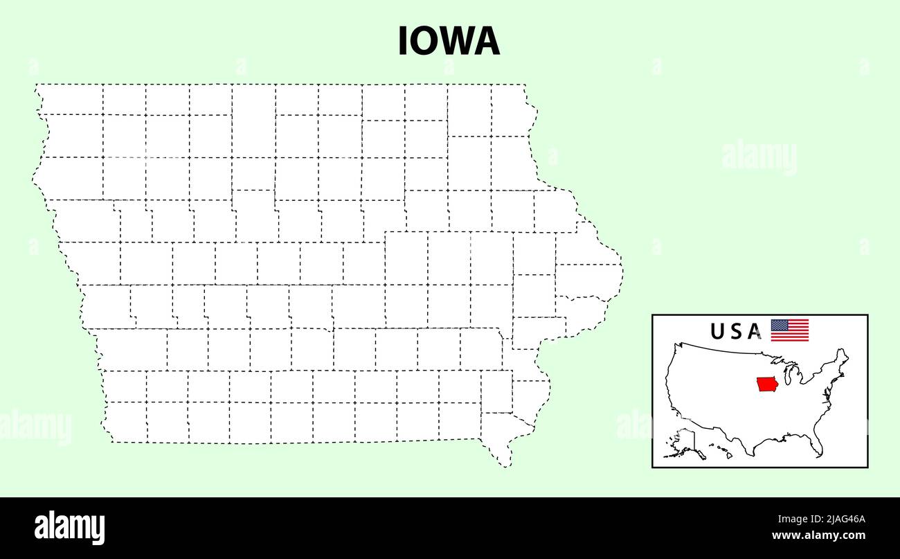 Mappa dell'Iowa. Mappa dello stato e del distretto dell'Iowa. Mappa politica dell'Iowa con contorno e disegno in bianco e nero. Illustrazione Vettoriale