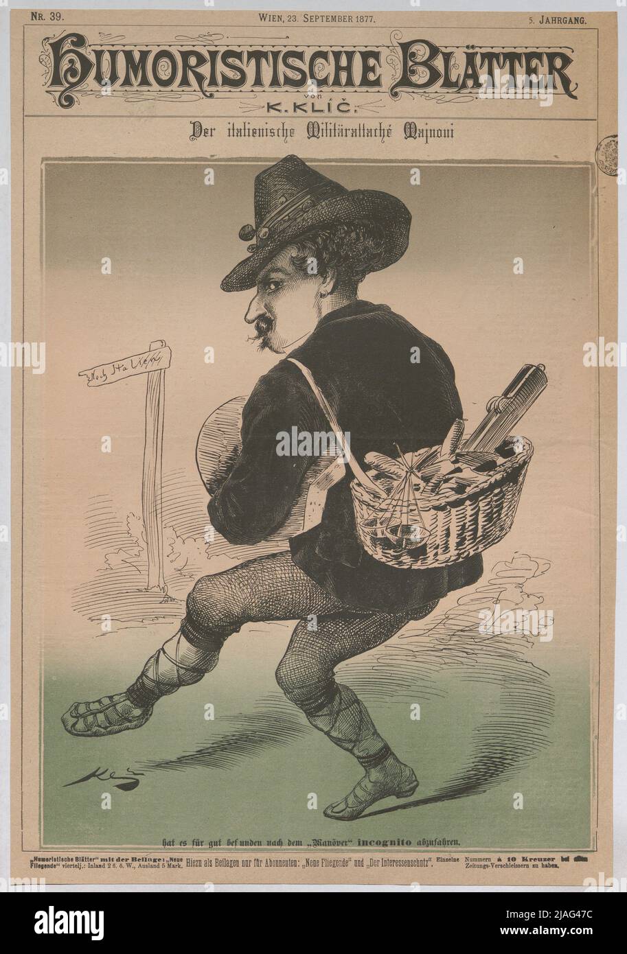 L'addetto militare italiano Majnoni ha trovato che è buono dopo il 'anöver' Incognito (titolo pagina delle 'foglie umoristiche'). Karl Klic (1841-1926), caricaturista Foto Stock