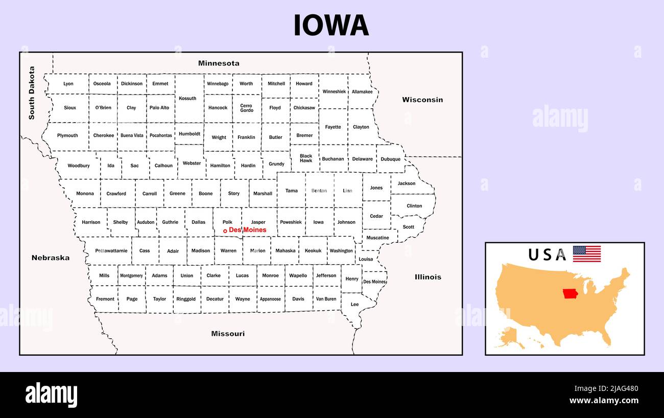 Mappa dell'Iowa. Mappa politica dell'Iowa con confini di colore bianco. Illustrazione Vettoriale