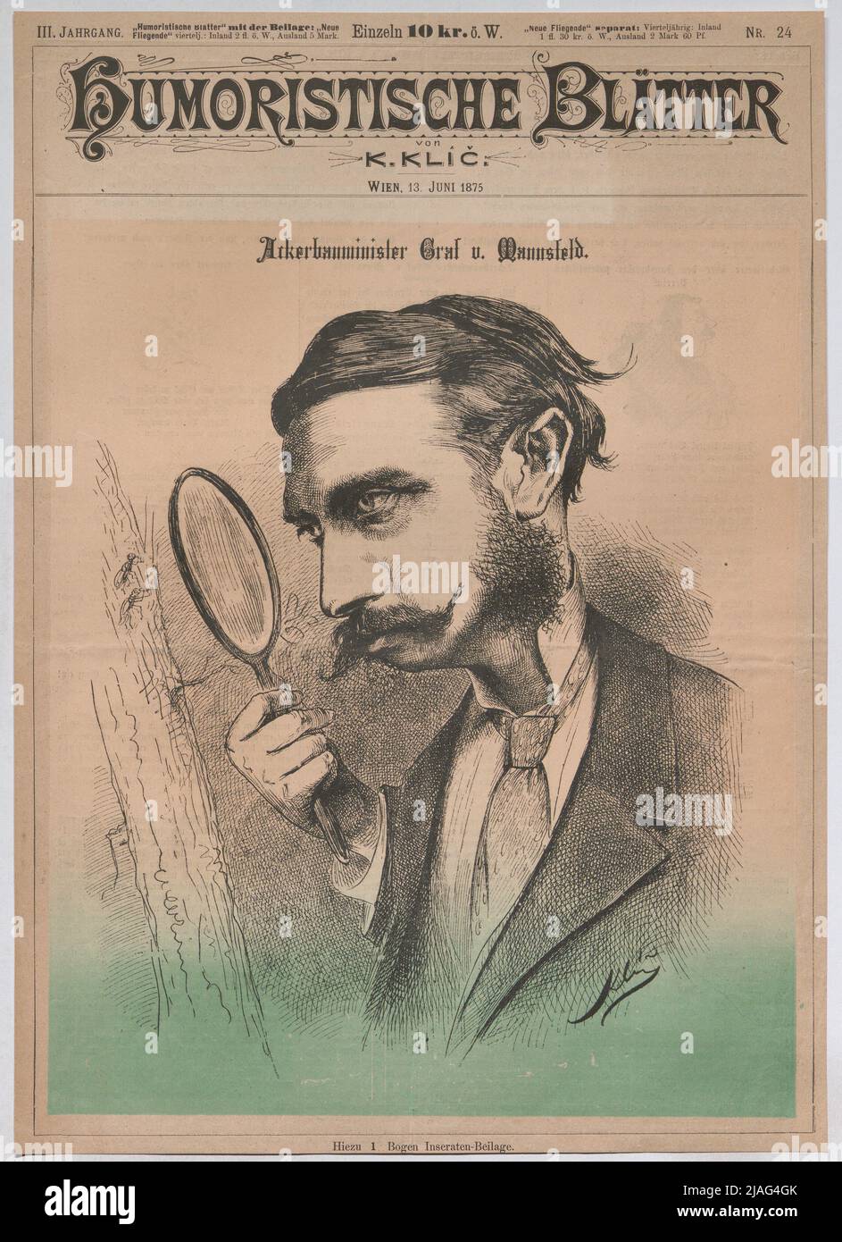 Farba - Ministro Graf contro Mannsfeld. '. Acerbaumister Hieronymus Graf von Mannsfeld (pagina del titolo delle 'foglie umoristiche'). Karl Klic (1841-1926), caricaturista Foto Stock