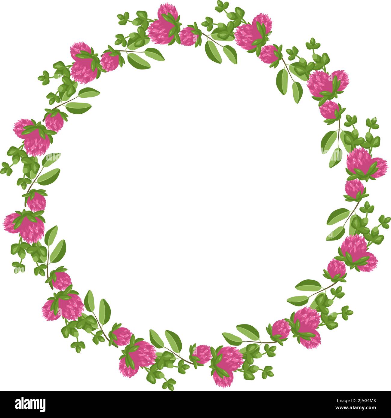 Corona di fiori rosa trifoglio. Telaio rotondo, pianta luminosa carina con foglie di shamrock. Decorazioni natalizie per matrimoni, feste, cartoline, poster e design. Illustrazione piatta vettoriale Illustrazione Vettoriale