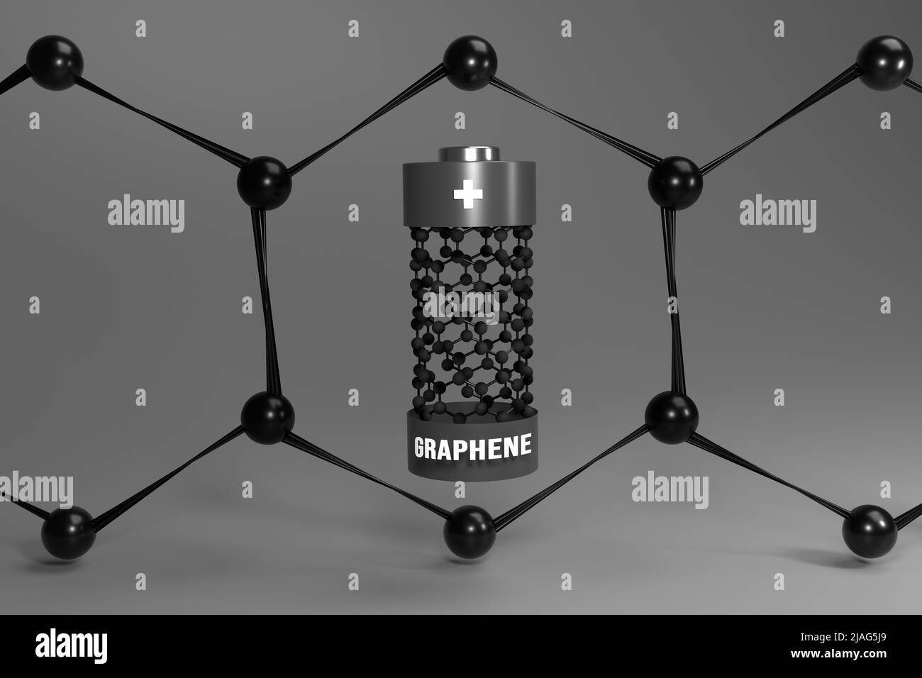 concetto di batteria in grafene incorniciato con connessione esagonale a celle atomiche. 3d rappresentazione dell'illustrazione in scala di grigi Foto Stock
