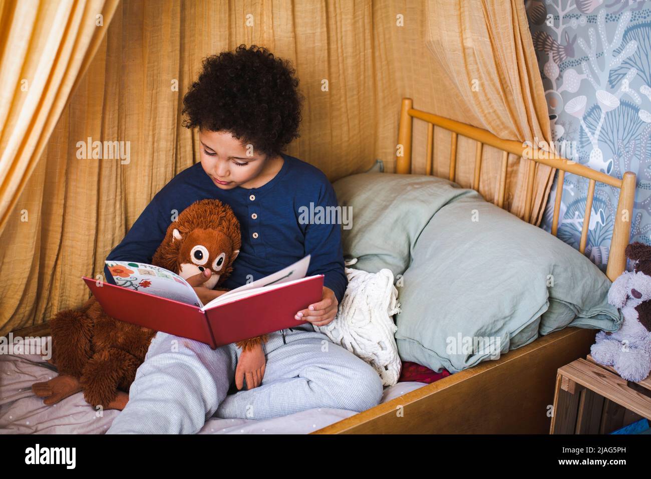 Ragazzo con roba giocattolo lettura libro di storia mentre si siede sul letto a casa Foto Stock Ragazzo con roba giocattolo lettura libro di storia mentre si siede sul letto a casa Foto Stock