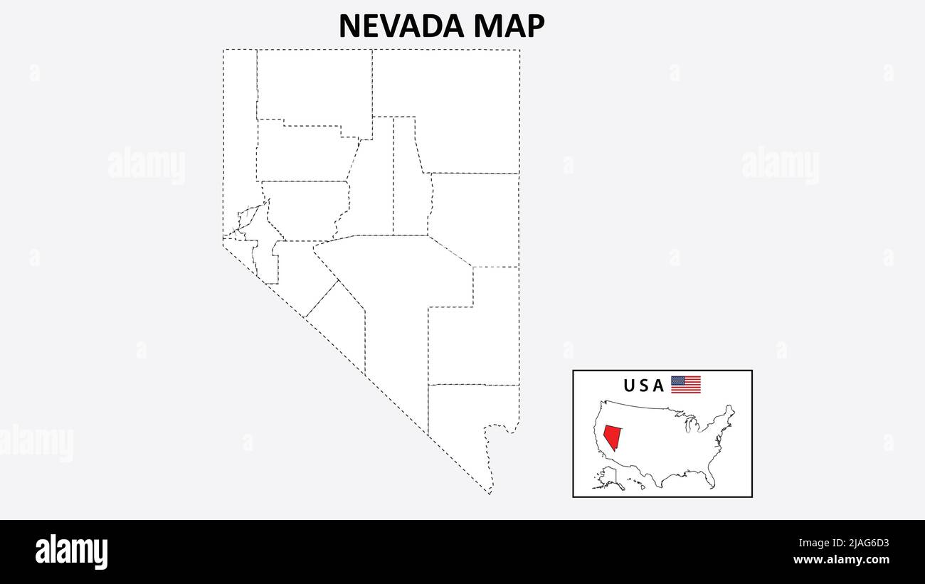 Mappa del Nevada. Mappa dello stato e del distretto del Nevada. Mappa politica del Nevada con contorno e disegno in bianco e nero. Illustrazione Vettoriale