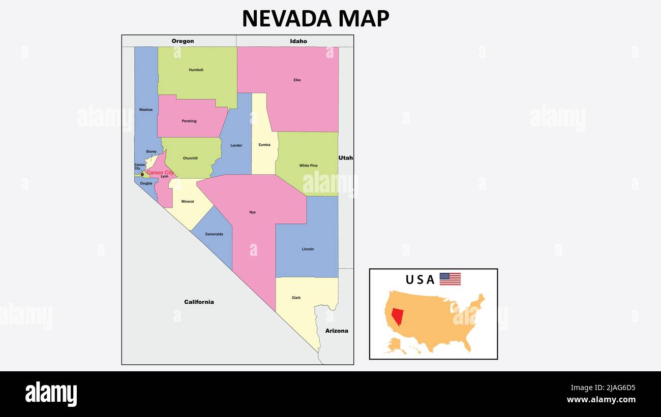 Mappa del Nevada. Mappa dello stato e del distretto del Nevada. Mappa politica del Nevada con paesi e confini vicini. Illustrazione Vettoriale