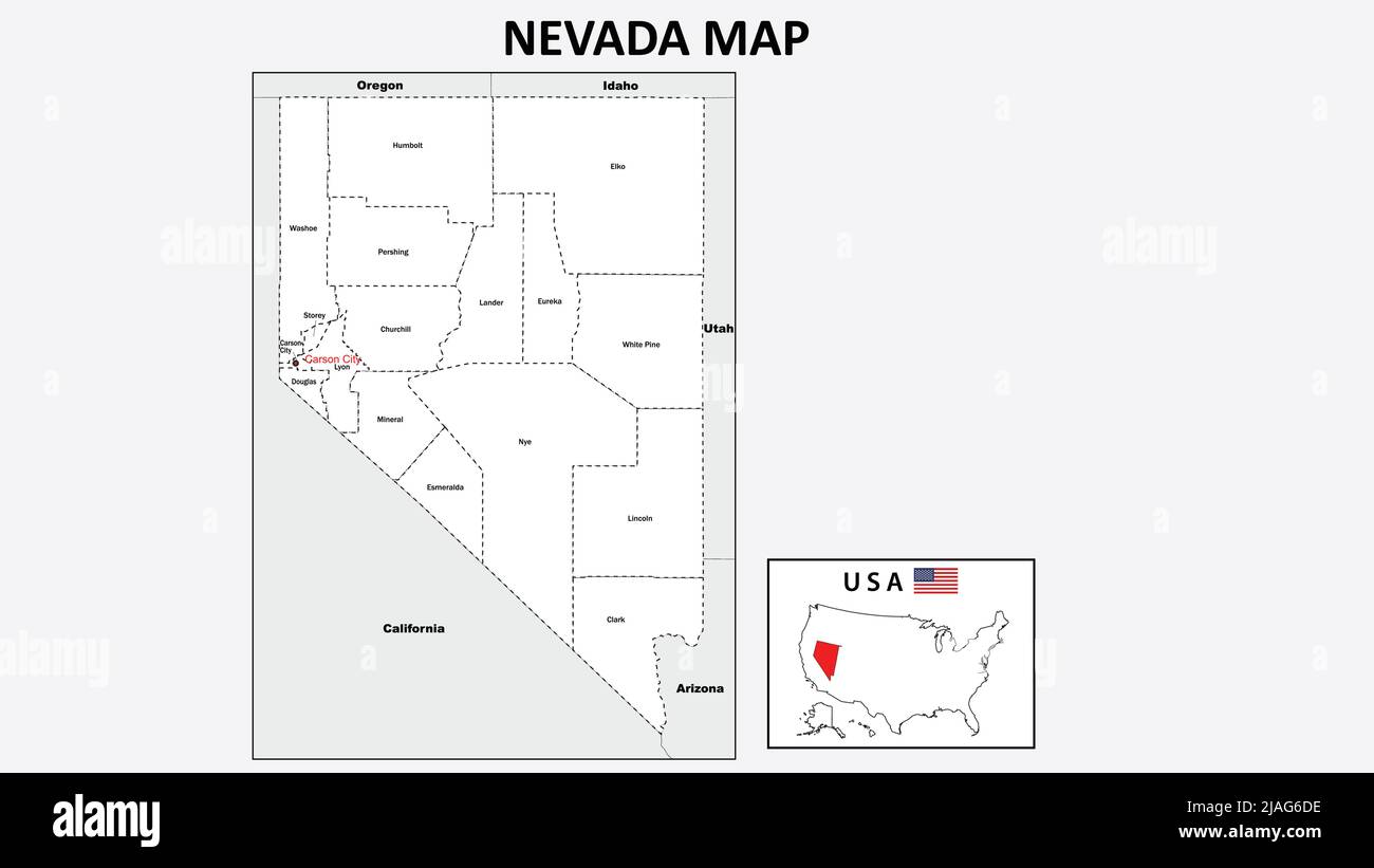 Mappa del Nevada. Mappa politica del Nevada con confini di colore bianco. Illustrazione Vettoriale