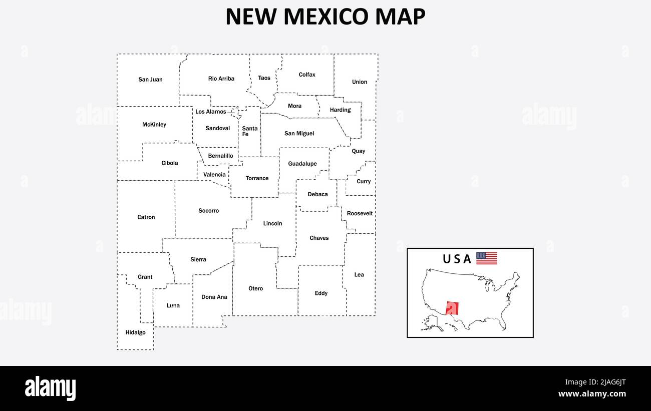 Mappa del nuovo Messico. Mappa dello stato e del distretto del New Mexico. Mappa amministrativa del New Mexico con distretto e capitale di colore bianco. Illustrazione Vettoriale