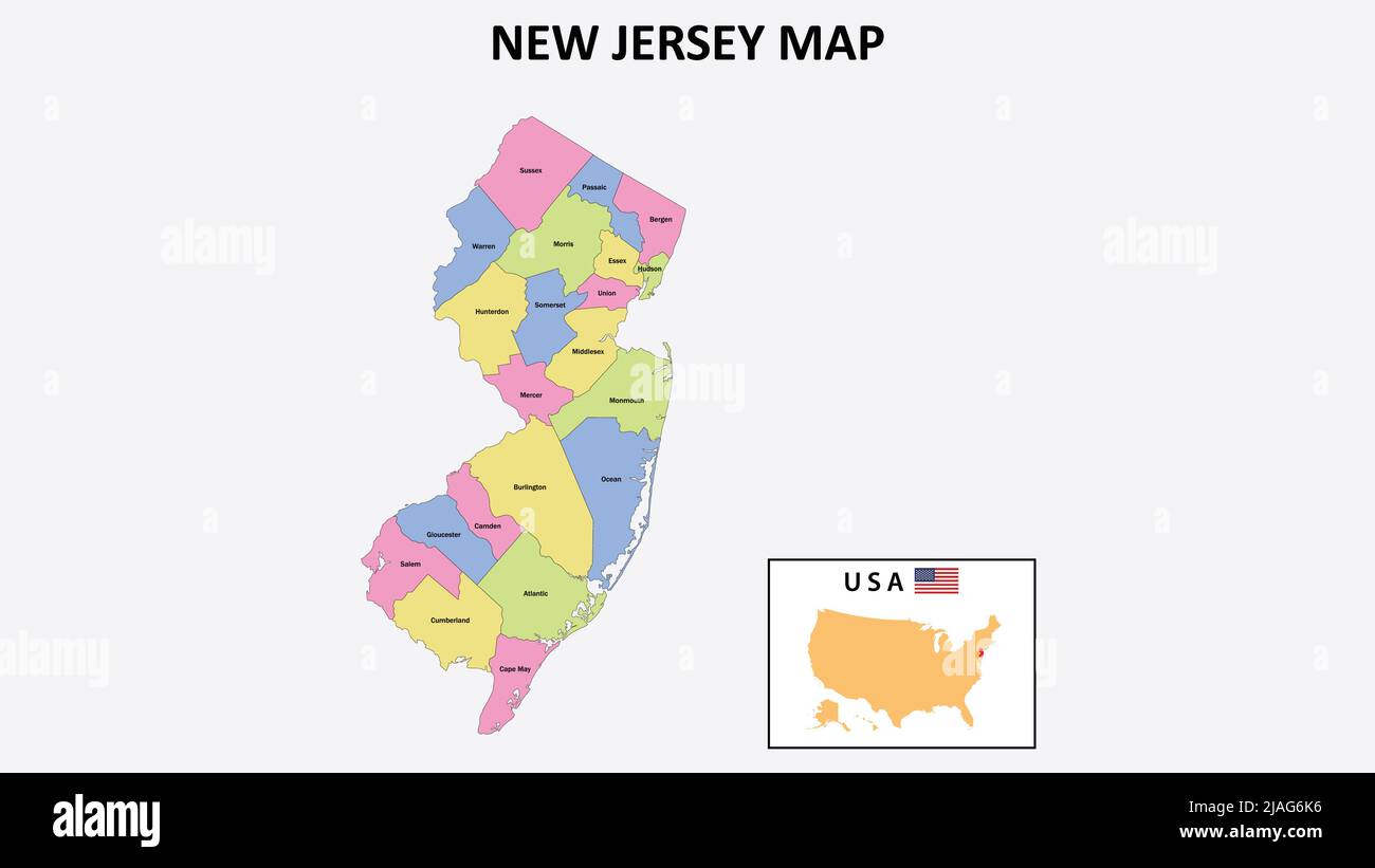 Mappa del New Jersey. Mappa del distretto del New Jersey. Mappa del distretto del New Jersey a colori con la capitale. Illustrazione Vettoriale