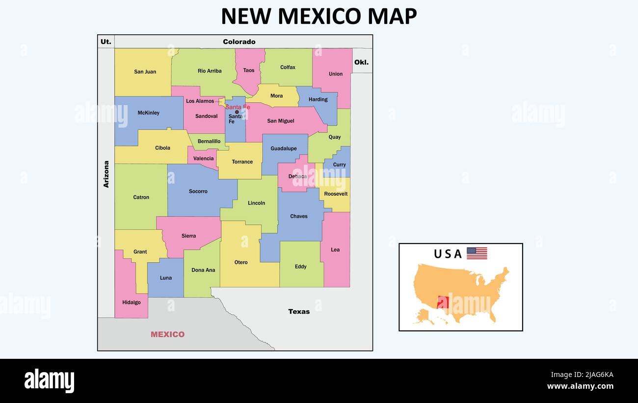 Mappa del nuovo Messico. Mappa dello stato e del distretto del New Mexico. Mappa politica del New Mexico con paesi e confini vicini. Illustrazione Vettoriale