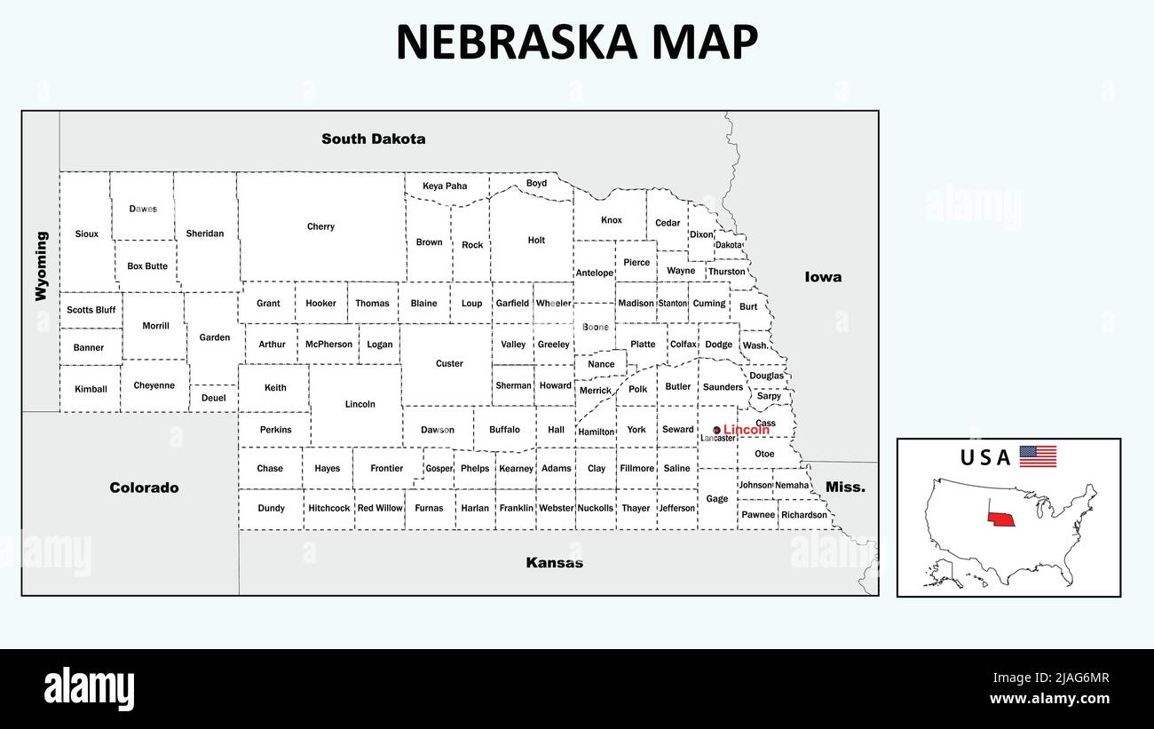 Mappa del Nebraska. Mappa politica del Nebraska con confini di colore bianco. Illustrazione Vettoriale