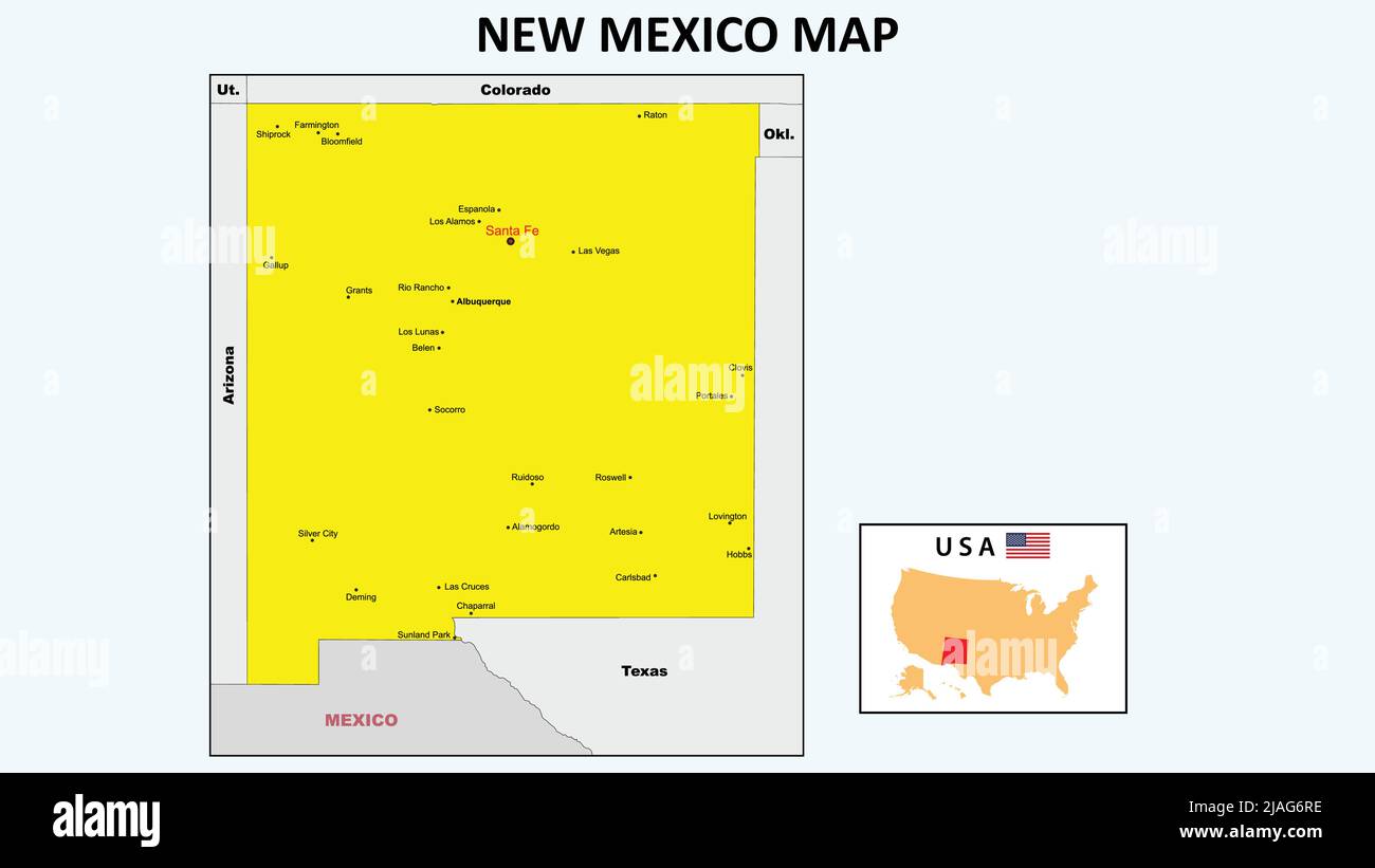 Mappa del nuovo Messico. Mappa dello stato e del distretto del New Mexico. Mappa politica del New Mexico con il distretto principale Illustrazione Vettoriale