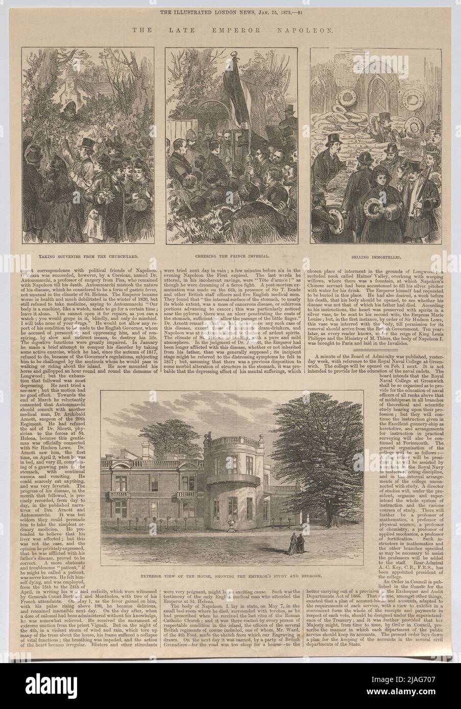Il tardo imperatore Napoleone. Prendere souvenir dal cortile. Acclamando il Principe Imperiale. Vendita di immortali. Vista esterna (...) '. Scene per la morte di Napoleone III; Reminder Collector al cimitero; applausi per il principe imperiale Napoléon Eugène Louis Bonaparte; vendita di immortelle; vista esterna dell'edificio residenziale, con lavoro e camera da letto (dalla 'Illustrated London News'). Sconosciuto Foto Stock