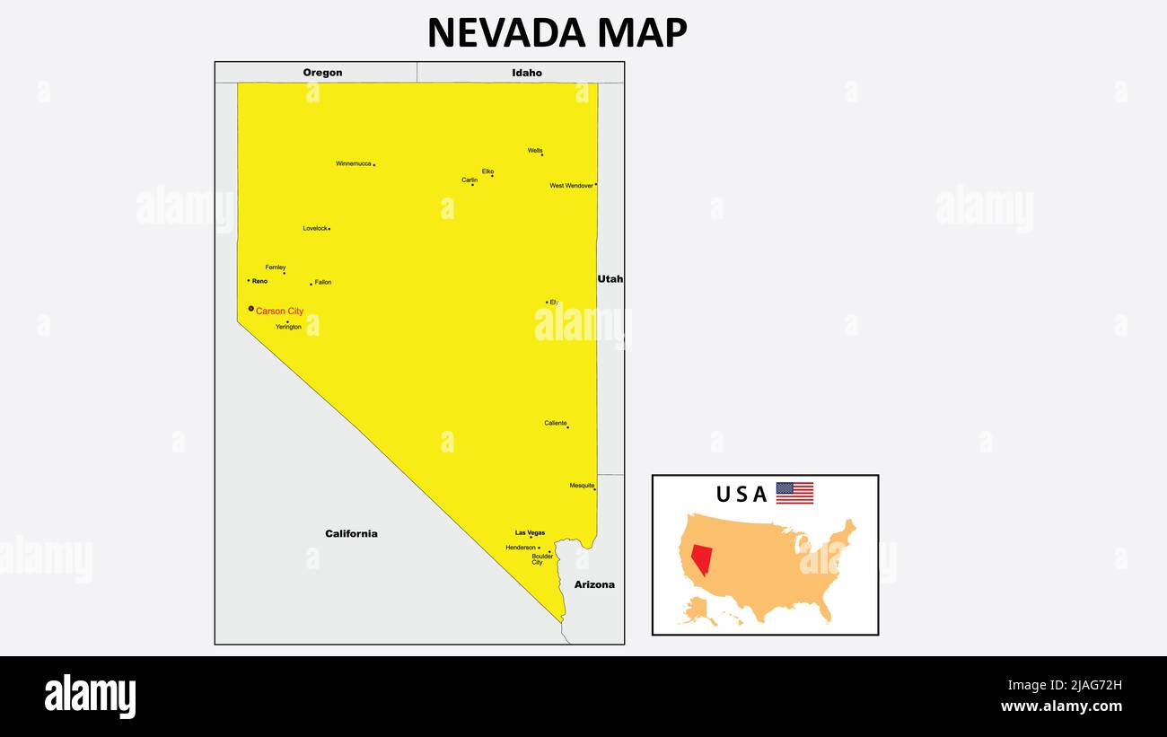 Mappa del Nevada. Mappa dello stato e del distretto del Nevada. Mappa politica del Nevada con il distretto principale Illustrazione Vettoriale
