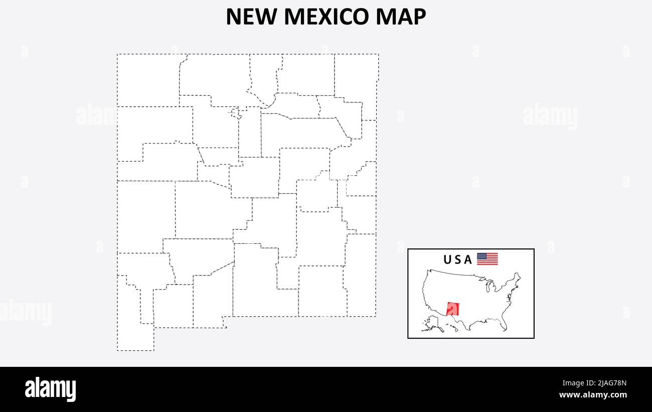 Mappa del nuovo Messico. Mappa dello stato e del distretto del New Mexico. Mappa politica del New Mexico con contorno e disegno in bianco e nero. Illustrazione Vettoriale