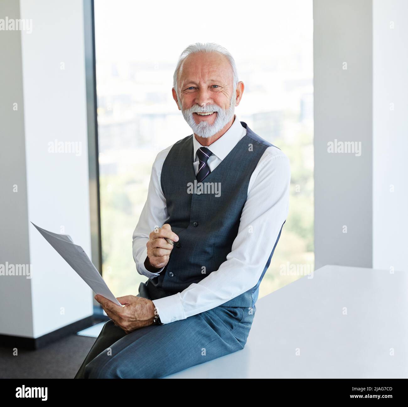 senior businessman file office lavoro business documento casual maturo grigio capelli maturo uomo ritratto Foto Stock