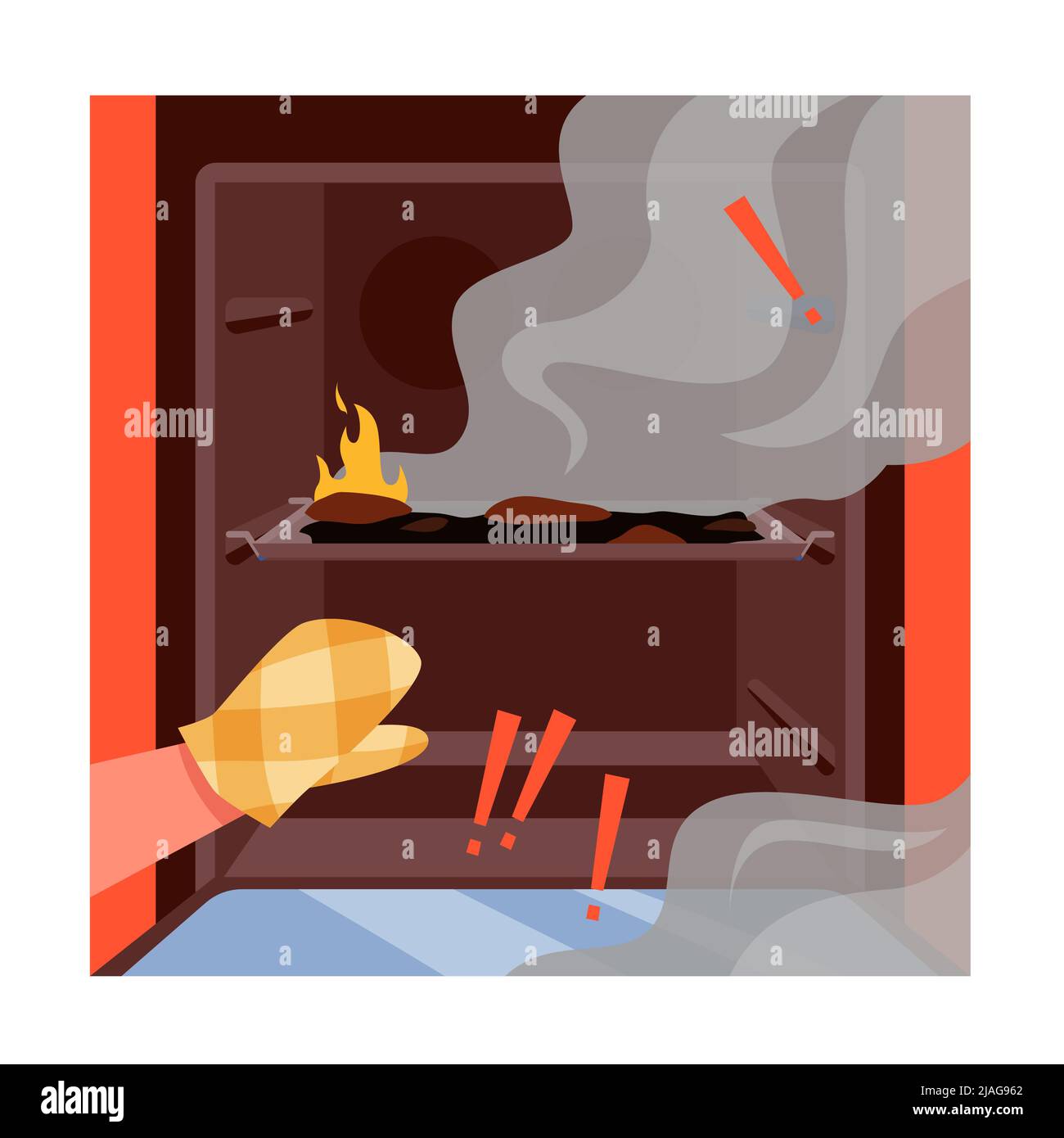 Mani in protezione antincendio aprire porta forno, fuoco e fumo all'interno, incidente in cucina Illustrazione Vettoriale