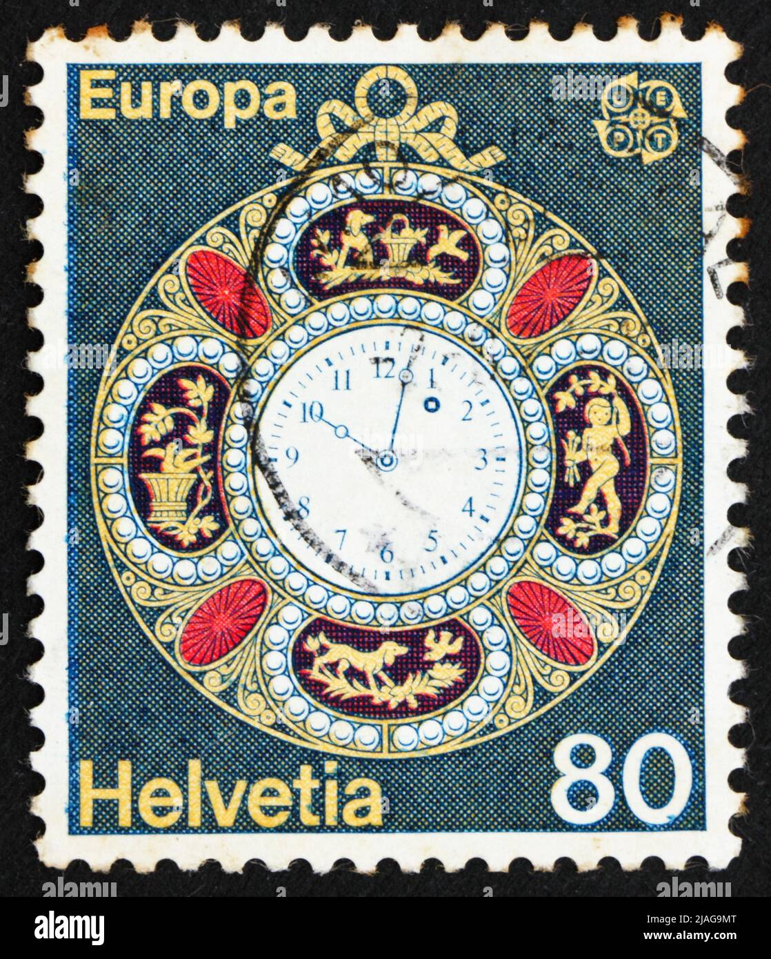 SVIZZERA - CIRCA 1976: Un francobollo stampato in Svizzera mostra Pocket Watch, 18th secolo, circa 1976 Foto Stock
