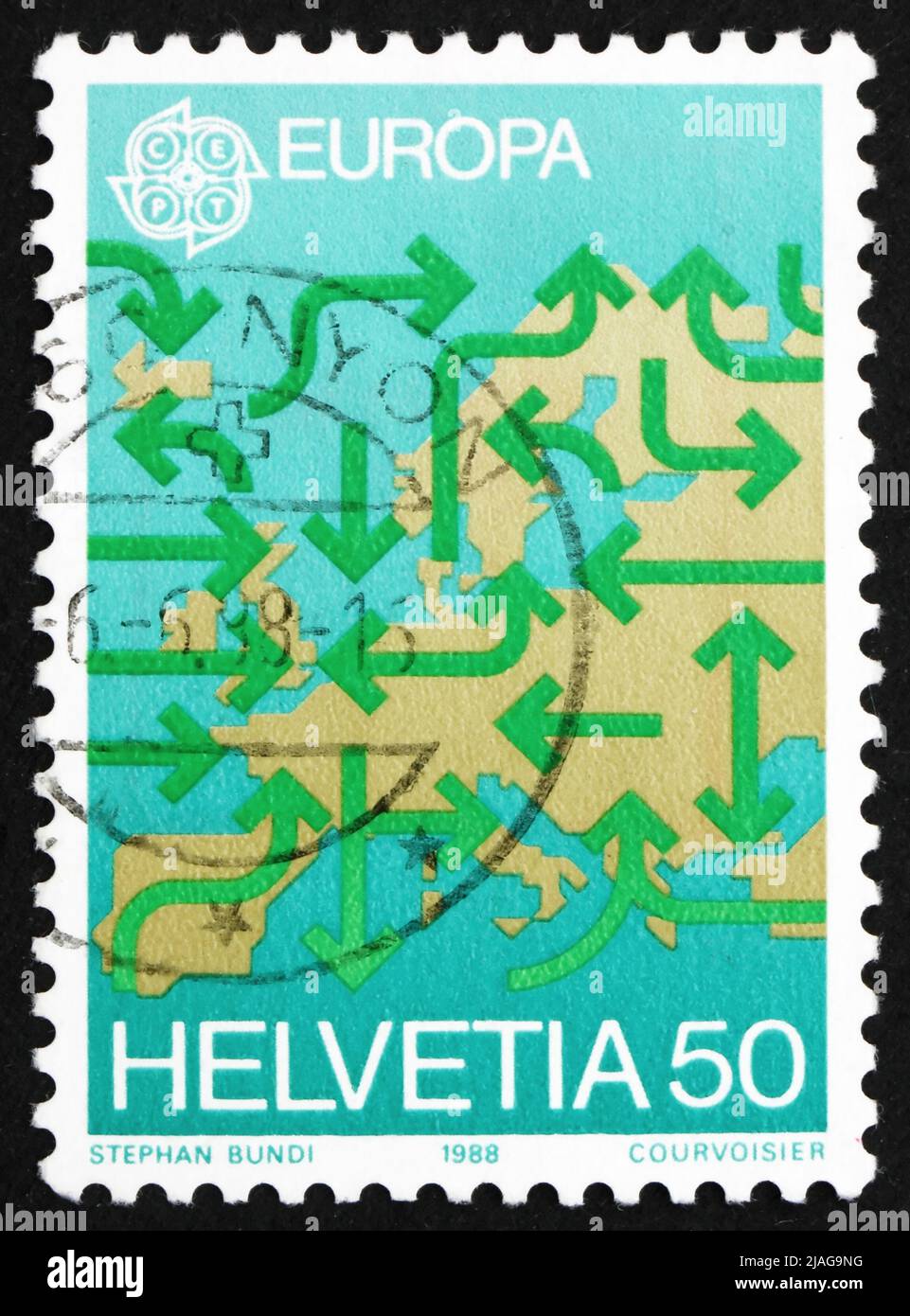 SVIZZERA - CIRCA 1988: Un francobollo stampato in Svizzera mostra la carta d'Europa e frecce, circa 1988 Foto Stock