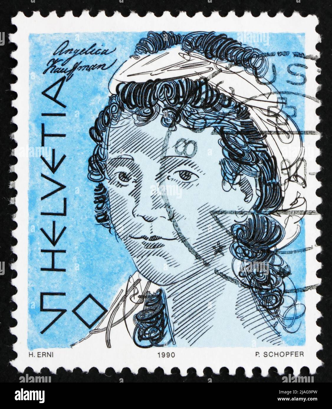 SVIZZERA - CIRCA 1990: Un francobollo stampato in Svizzera mostra Angelika Kaufmann, pittore, circa 1990 Foto Stock