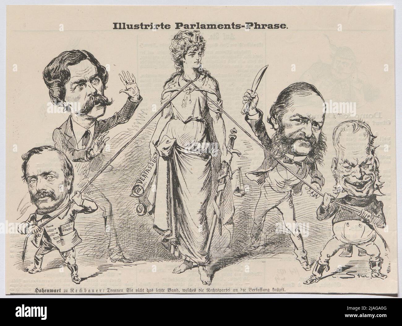 Frase parlamentare illustrata. '. Karl Sigmund von Hohenwart avverte Karl Rechbauer di non separare l'ultimo volume che costruisce il partito di destra alla costituzione (cartone animato dalla 'Flea '). Carl von Stur (1840-1905), caricaturista Foto Stock