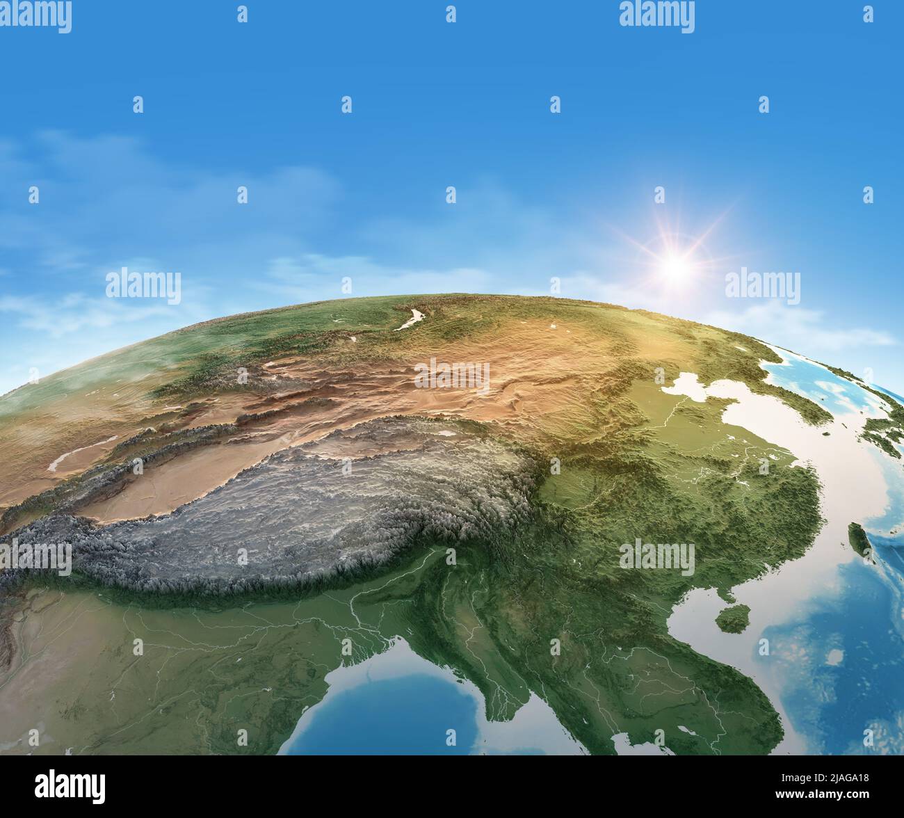Mappa fisica del pianeta Terra, focalizzata su Cina, Asia orientale. Vista satellitare, sole che splende all'orizzonte. Elementi forniti dalla NASA Foto Stock