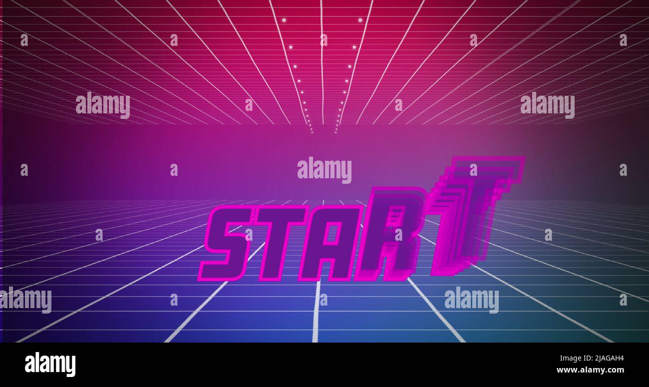 Immagine digitale di un segno di inizio che esegue lo zoom sullo schermo mentre lo sfondo mostra i contorni quadrati verdi che si muovono verso l'alto e la galassia Foto Stock