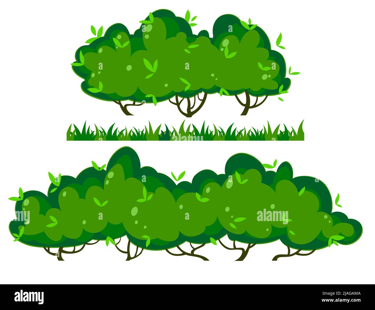due lunghi arbusti di cartoni animati e una barra di erba per un bordo infinito, illustrazioni vettoriali di cespugli da giardino, set di elementi per il vostro disegno Illustrazione Vettoriale