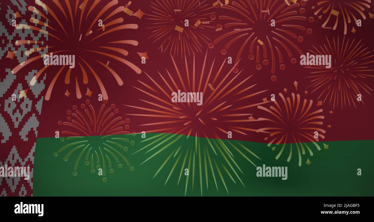 Immagine dei fuochi d'artificio sulla bandiera della bielorussia Foto Stock