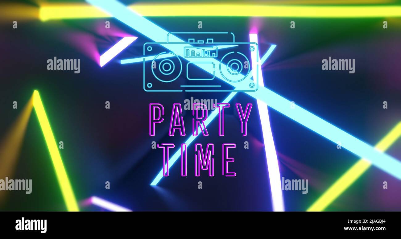 Immagine dell'ora del party, della radio e delle forme al neon su sfondo nero Foto Stock