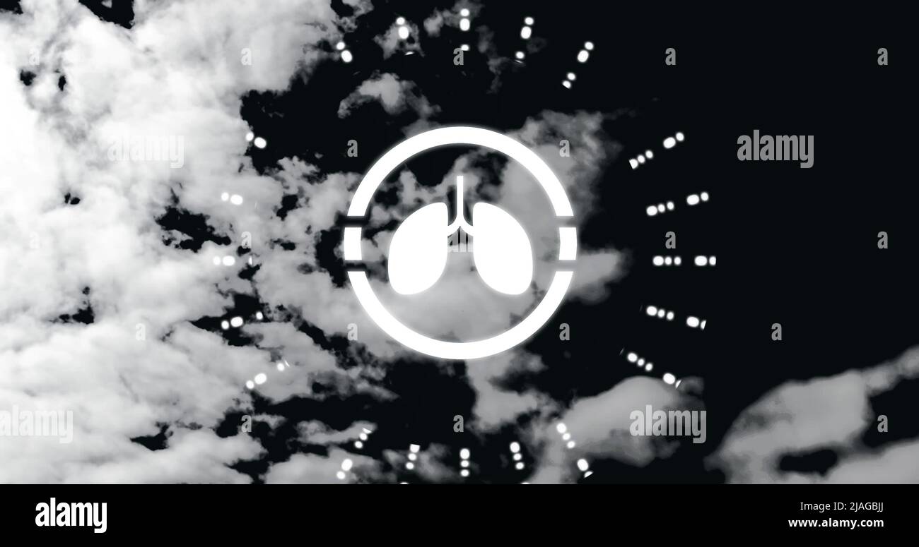 Immagine dell'icona dei polmoni sulle nuvole su sfondo nero Foto Stock