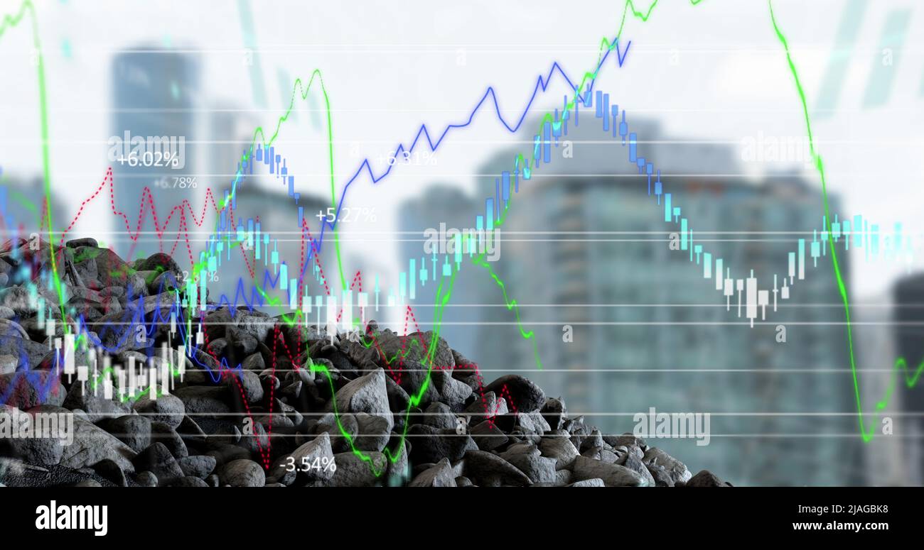 Immagine dell'elaborazione dei dati finanziari su un paesaggio urbano Foto Stock