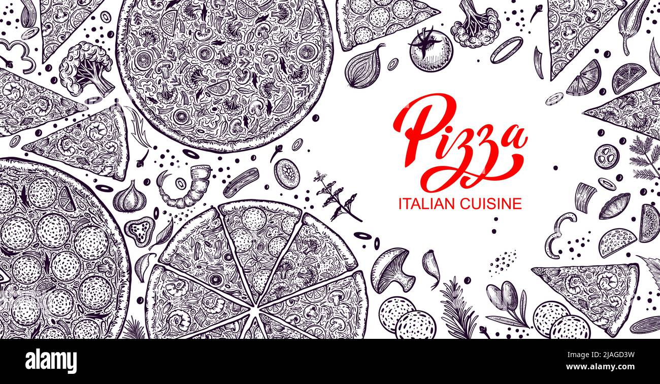 Pizza e ingredienti. Modello di menu pizzeria disegnato a mano. Set di prodotti della cucina italiana. Illustrazione vettoriale Illustrazione Vettoriale