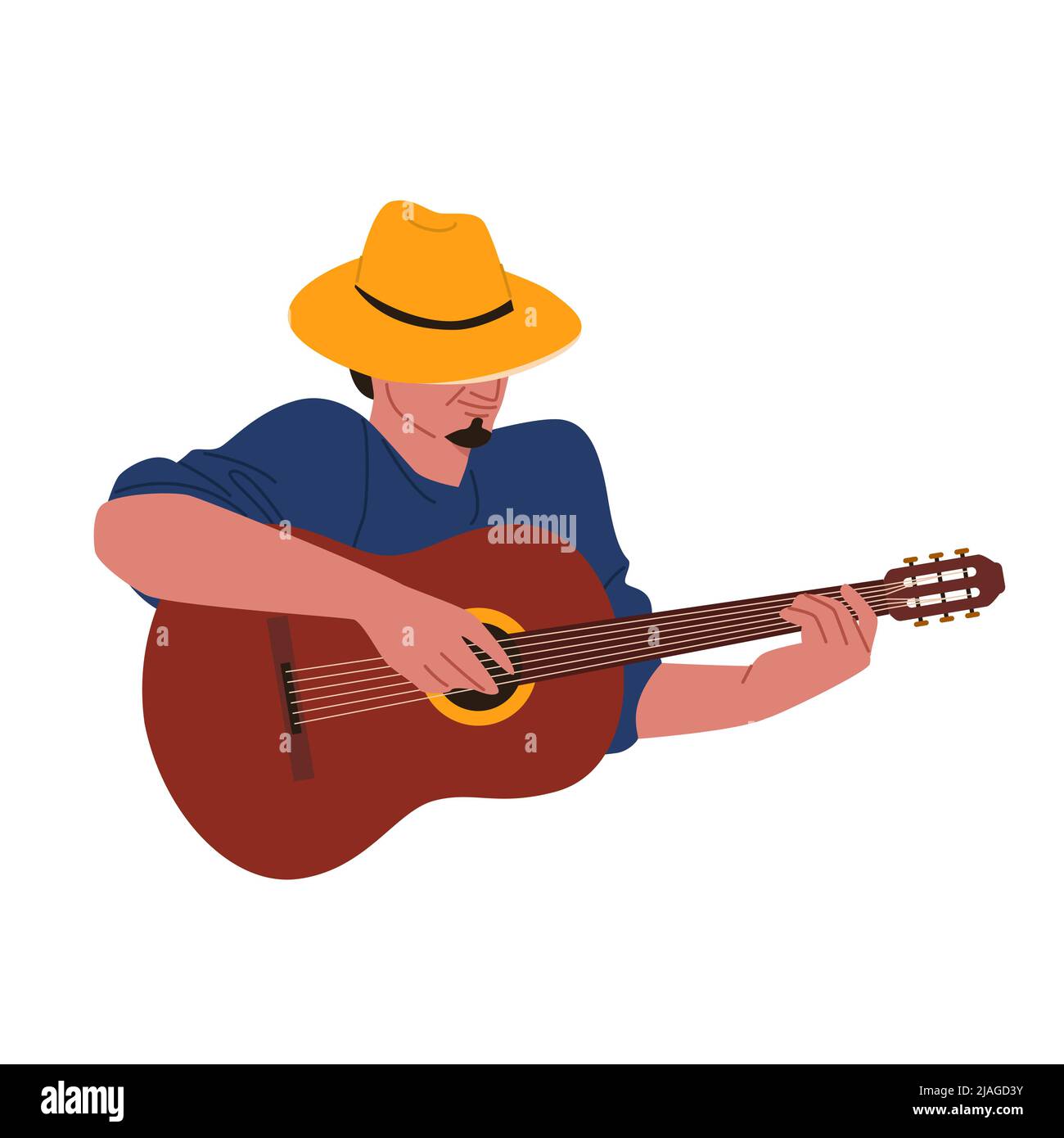 Uomo che suona chitarra acustica, chitarrista maschile seduto in cappello, con strumento musicale Illustrazione Vettoriale