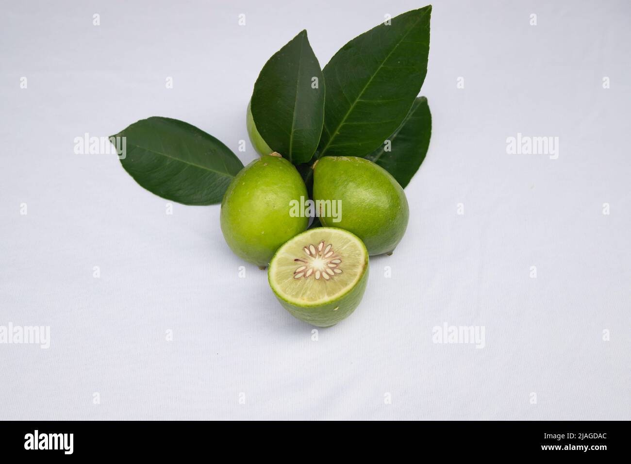 Fette di limone verde fresco con foglia. frutta di limone testy. Rinfrescante bevanda estiva ingrediente Foto Stock