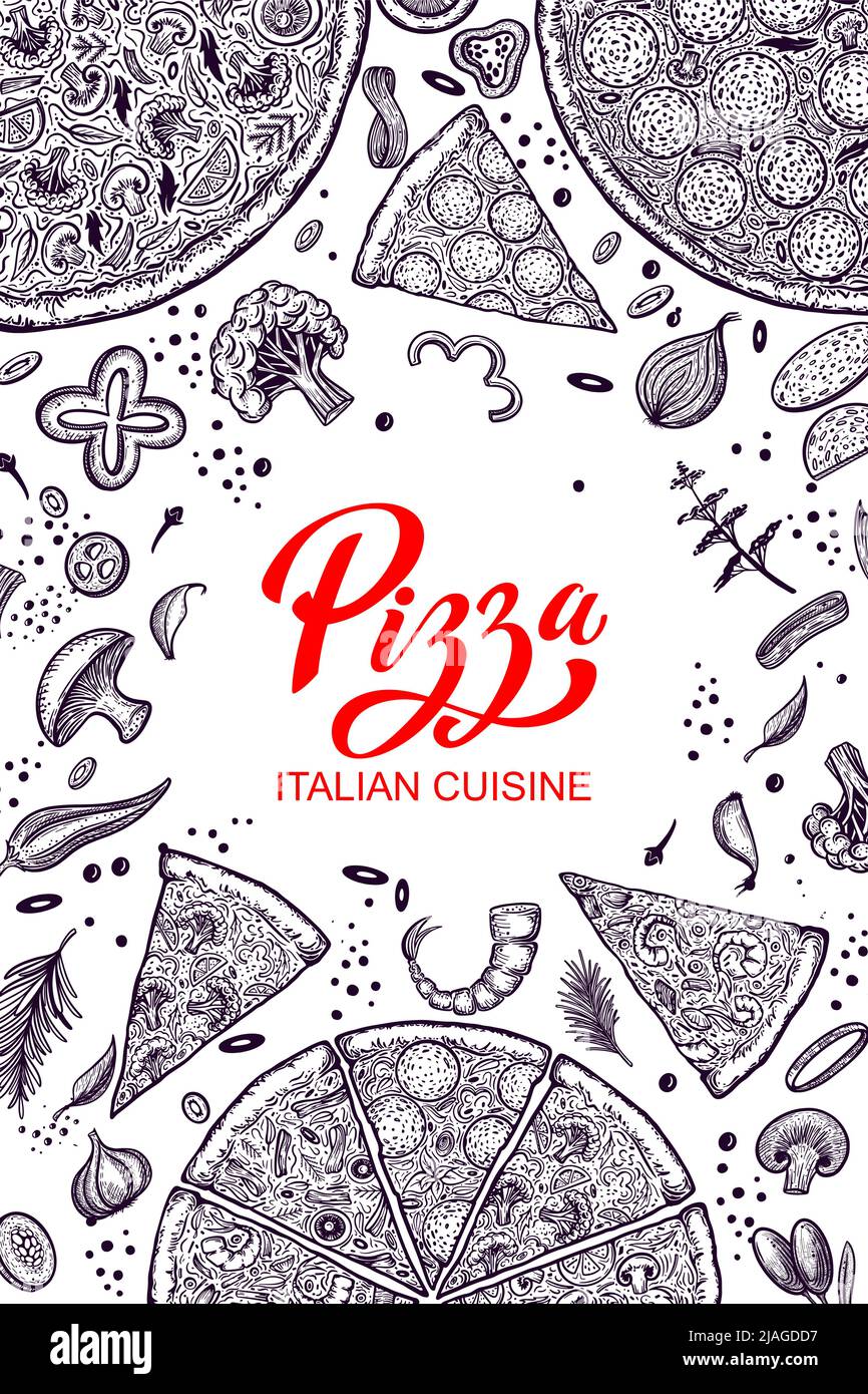 Pizza e ingredienti. Modello di menu pizzeria disegnato a mano. Set di prodotti della cucina italiana. Illustrazione vettoriale Illustrazione Vettoriale