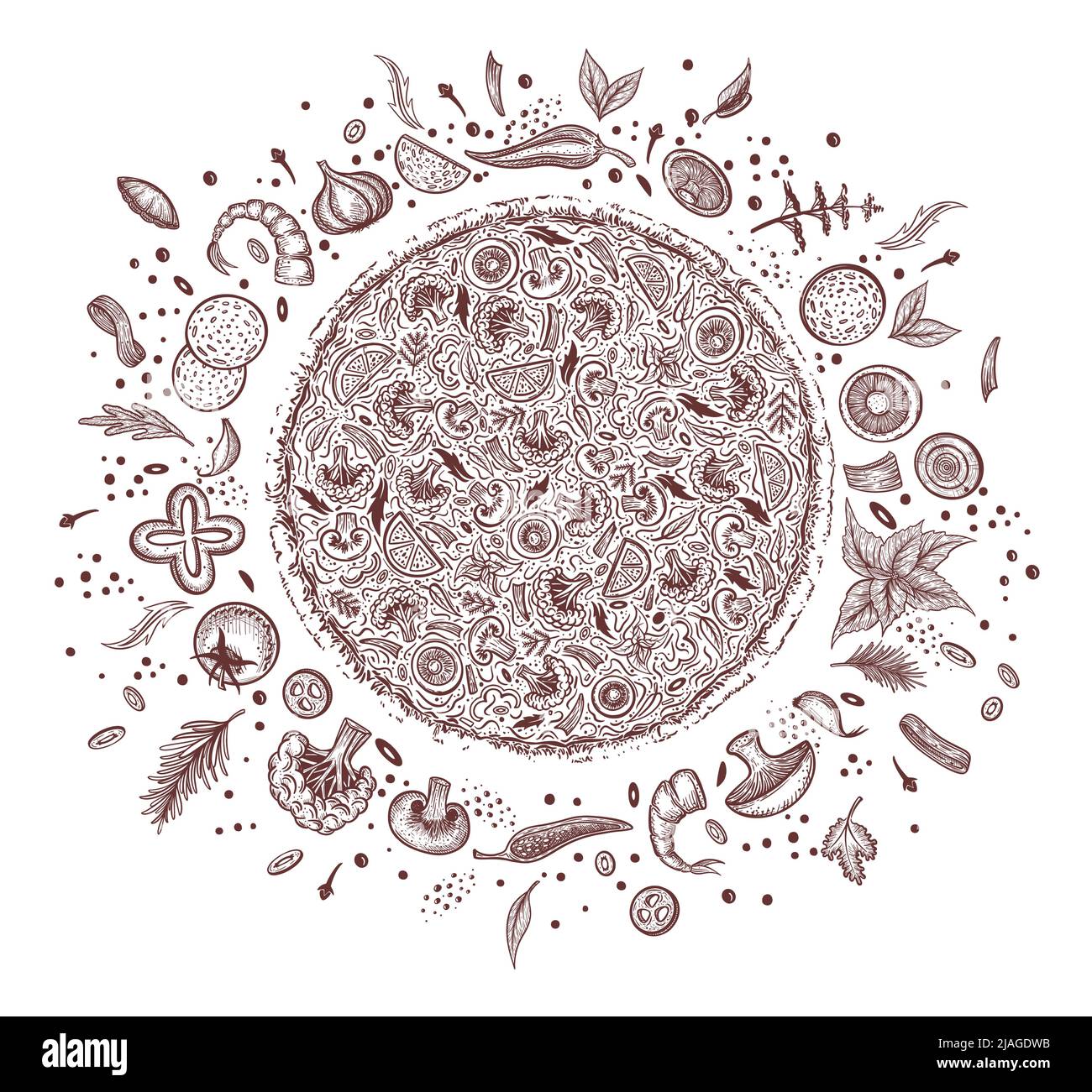 Pizza e ingredienti. Modello di menu pizzeria disegnato a mano. Set di prodotti della cucina italiana. Illustrazione vettoriale Illustrazione Vettoriale